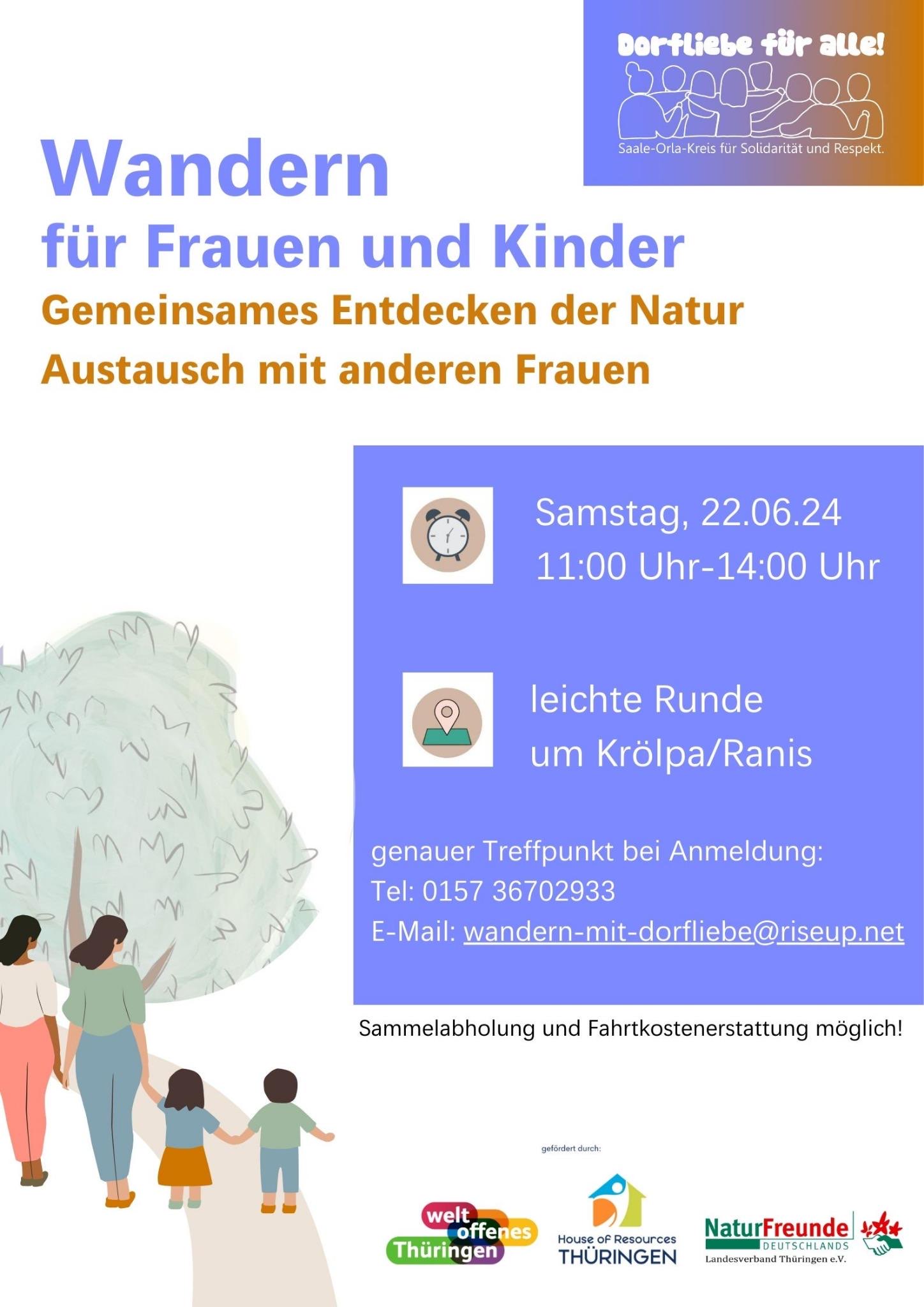 Sharepic für die Wanderung auf dem die im Text erwähnten Infos zu Zeit und Ort stehen. Außerdem ist eine Zeichnung von zwei Frauen und zwei Kindern beim Wandern zu sehen. Unten sind Logos von weltoffenes Thüringen, House of Resources Thüringen und NaturFreunde Deutschlands Landesverband Thüringen e.V. zu sehen.